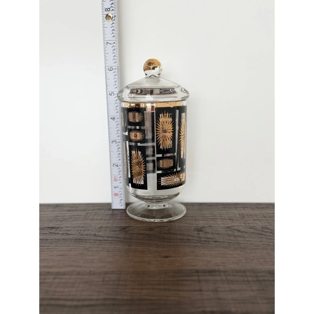 Vintage MCM Jeannette Glass Atomic Starburst Lidded Apothecary Jar Black Gold